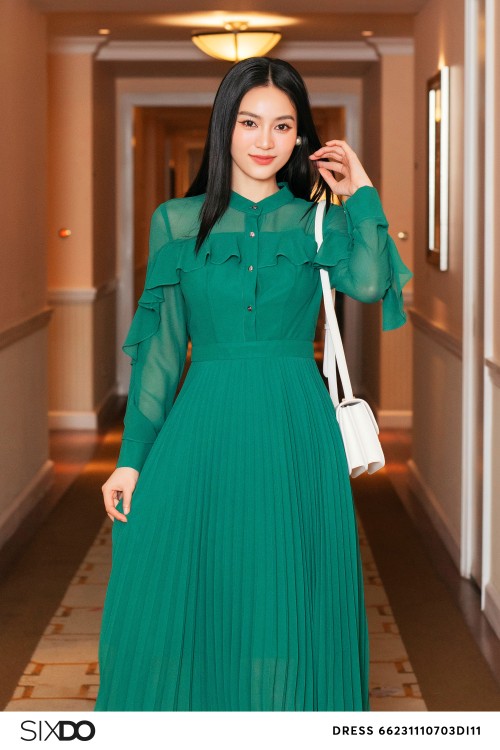 Sixdo Green Pleated Chiffon Midi Dress